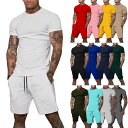 上下セット 新しい 無地 半袖 tシャツ ラウンドネック ショーツ ショートパンツ スポーツ セット サマー メンズ 2点セット