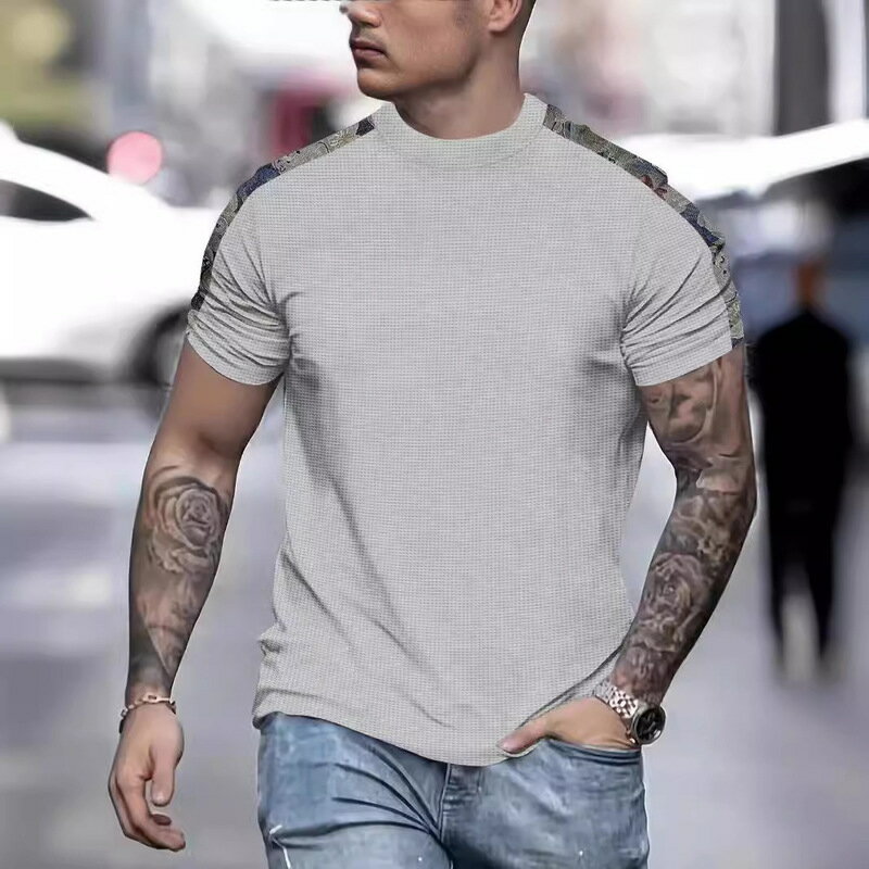 夏 新作 tシャツ メンズ 半袖 切り替え カジュアル ワッフル ラウンドネック tシャツ メンズ tシャツ