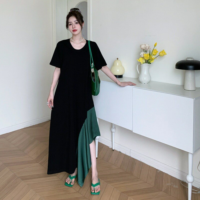 夏新作/ゆったり大きいサイズカジュアルドッキングバイカラー切り替えイレギュラー裾アシンメトリーuネック半袖ワンピース