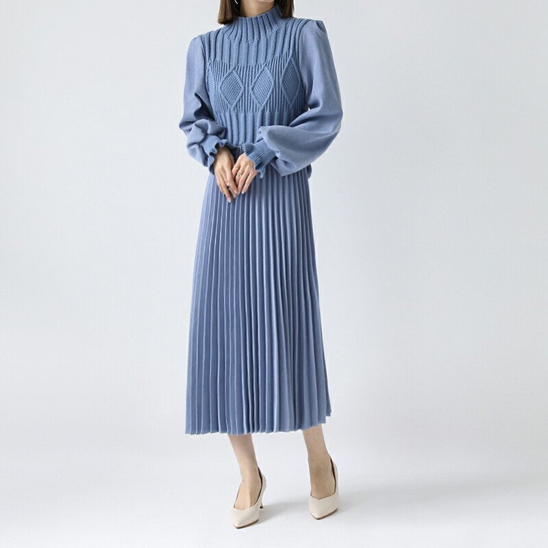 選べる3タイプ 切り替えニットワンピ 着回し 花柄 無地 韓国ファション レディース さわやか 上品 ワンピース ロングワンピース カジュアル ロング丈 長袖 バレンタイン 2023 プレゼント