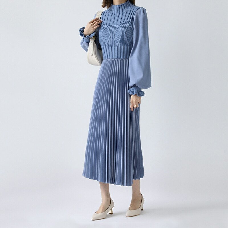 選べる3タイプ 切り替えニットワンピ 着回し 花柄 無地 韓国ファション レディース さわやか 上品 ワンピース ロングワンピース カジュアル ロング丈 長袖 バレンタイン 2023 プレゼント