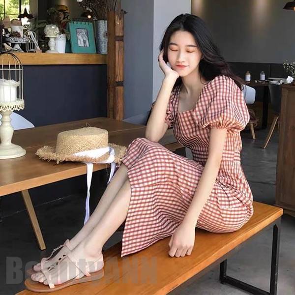 ワンピース 夏 レディース 半袖ワンピース スクエアネック サマーワンピース チェック柄 バルーンスリーブ 半袖 ロングワンピ レトロ 夏ワンピ 新生活 プレゼント ギフト