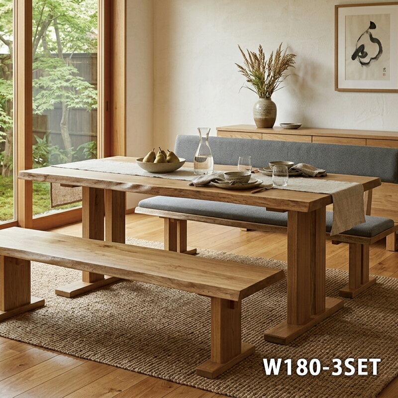 Rakuten - ダイニングセット 3点セット 180cm ダイニングテーブル ベンチセット 無垢材 ラバーウッド 耳付き 一枚板風 6人掛け 木製 T字脚 ベンチ160幅 背もたれ付き 背なしベンチ 高級感 北欧 モダン 和モダン おしゃれ 食卓セット ナチュラル グレー ダイニングテーブルセット
