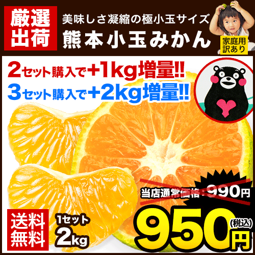 「熊本小玉みかん」家庭用訳あり2kg★【送料無料】【2セット購入で+1kg増量、3セット購入なら+3kg増量】3S〜Sサイズ混合※複数セット購入の際1箱おまとめ《10月中旬-10月末頃より順次出荷》