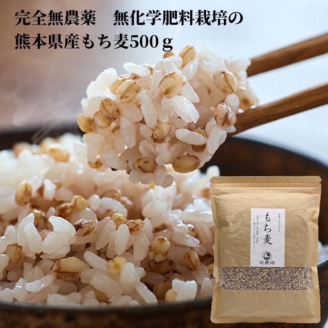 令和5年産 原さんのもち麦500g 原農場 国産（100％熊本県産）無農薬 無化学肥料 熊本県菊池市七城町 有機JAS 完全無農薬 化学肥料不使用 雑穀米 送料無料 国産 ぷち麦 メール便 無添加 ダイシモチ 健康 安全 便利なチャック付き もち麦 もち麦無農薬