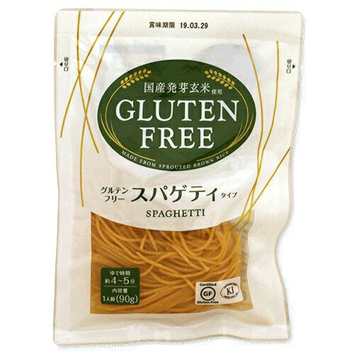 商品説明名称米加工品(お米めん) 原材料名 麦芽玄米粉(国産)、白米粉(国産)、オリーブオイル/加工でん粉、増粘剤(アルギン酸エステル、増粘多糖類)内容量 90g賞味期限製造より1年間 JANコード4942220476639保存方法直射日光を避けて保存してください。アレルギー情報 特定原材料7品目不使用 栄養成分表示(1人前90g当たり) エネルギー……263kcalたんぱく質……4.3g脂質……4.0g炭水化物……53.7g-糖質……51.4g-食物繊維……2.3g 食塩相当量……0.0.4gギャバ……2mg グルテンフリーとは？グルテンとは、小麦、大麦、ライ麦等に含まれるたんぱく質の一種で、パンやうどんのもちもち感や弾力のもとになる働きをします。このグルテンを含む麦製品をなるべく取らず、代替品を用いるのがグルテンフリーダイエット。もともとは病気やアレルギーの食事療法でしたが、アメリカでブームになり日本でも話題になっています。グルテンを含む食品としては、うどん、ラーメン、パスタ、パン、ケーキ、市販のカレーやシチューのルゥ。その代替品としては、麺類には、そば、お米めん（ビーフンやフォー等）、春雨等。パンなら米粉や大豆粉を使ったものがあります。グルテンフリーの効果は、実践した人たちによると「目覚めがすっきりする」「美肌」「便秘解消」「免疫力が上がる」「過剰な食欲の抑制」等が挙げられています。選ばれる理由は栄養価の高い「発芽玄米」■ 原料は、秋田県大潟村産の発芽玄米を使用弊社のグルテンフリーパスタは、小麦、塩を一切使用せず、発芽玄米等で造ったパスタです。発芽玄米は、玄米をわずかに発芽させることで酵素が活性化し、出芽のために必要な栄養を玄米の内部に増やすため、玄米より栄養価が高くなります。製造工場食物アレルギー特定原材料等27品目と貝類を持ち込まない自社専用工場で製造しております。※食物アレルギー特定原材料等27品目とは、えび・かに・小麦・そば・卵・乳・落花生・あわび・いか・いくら・オレンジ・カシューナッツ・キウイフルーツ・牛肉・くるみ・ごま・さけ・さば・大豆・鶏肉・バナナ・豚肉・まつたけ・もも・やまいも・りんご・ゼラチンです。品質管理原料となるお米の放射性物質や残留農薬等も、検査し、安全性を確認しております。