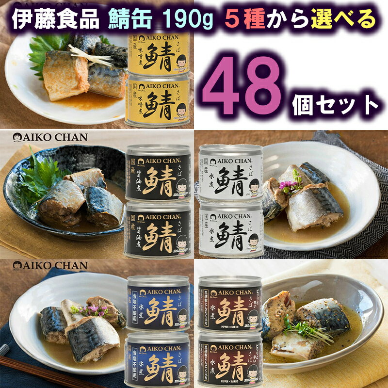 伊藤食品 あいこちゃん 鯖缶190g 5種から 選べる48個セット(水煮/食塩不使用/醤油煮/黒胡椒にんにく/味噌煮)