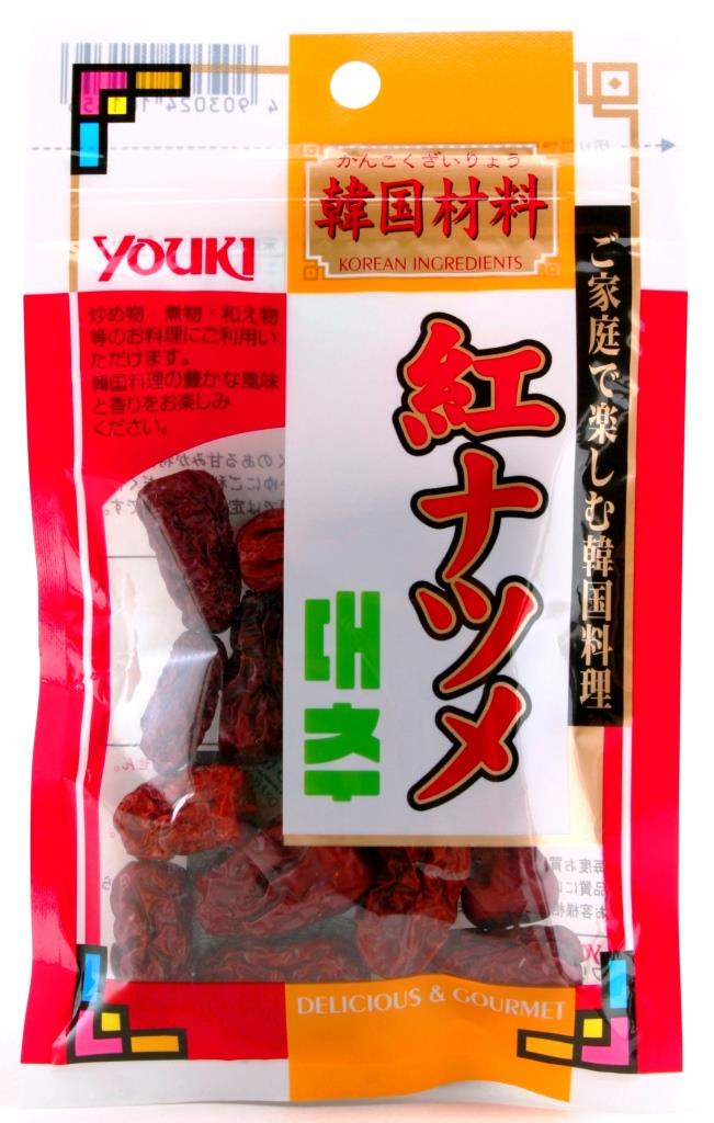 YOUKI&nbsp;全商品(680品) 取り扱い中!商品情報商品名YOUKI ユウキ 紅ナツメ 20g商品特徴 完熟した紅ナツメを乾燥させました。ほんのりとした自然な甘みが特徴です。煮出してナツメ茶にしたり、スープなどにお使いください。賞味期限製造日より24ヶ月間セット重量約1kg/セットJANコード@5 ご注意点 ・当商品はご注文をいただいてからメーカーへ発注いたします。当店での在庫期間が少ないので賞味期限は最長のものになります。 ・当商品は終売、リニューアルになる可能性があり、ご注文をいただいた後にお届けができなくなってしまう場合が稀にございます。 その際はご連絡させていただきますので、ご了承ください。・賞味期限情報は製造日を含んだ期間です。