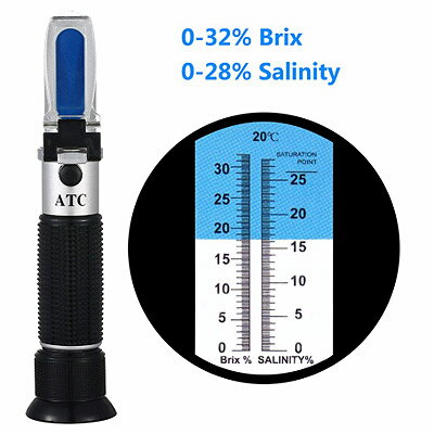 糖度計 塩分計 Brix 0-32％ ＆ Salinity 0-28％【送料無料】ATC 温度自動補正機能 内蔵 お得簡易包装 糖度目盛と塩分目盛のダブルスケール屈折計電池不要 電源不要 英語表記