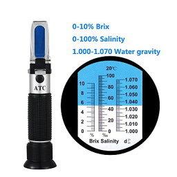 塩分(0-100％)計＋糖度(0-10％)計 比重濃度計 屈折計Salinity 0-100％ ＆ Brix 0-10％ ＆ d（20/20） 1.000-1.070 g/cm3(お得簡易包装)【送料無料】ATC(温度自動補正機能)