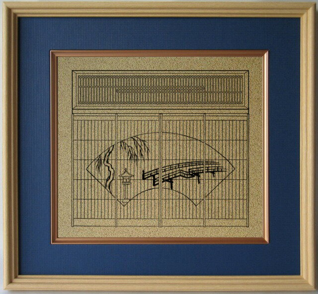 組子細工欄間入り書院障子復刻影絵100選　No.97 宇治橋に柳