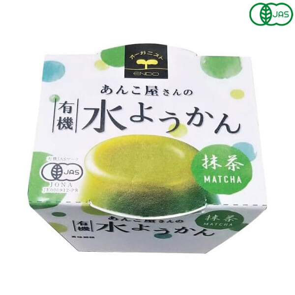 あんこ屋さんの有機水ようかん(抹茶)は上品な甘さ 抹茶の香り高く上品な味わい 「あんこ屋さん」がつくった水ようかん 有機いんげん豆と有機抹茶、有機砂糖を使用 抹茶の爽やかな風味とほどよい甘さ カップタイプで食べやすい ＜遠藤製餡＞ 1950年、遠藤製餡は誕生しました。戦後の傷跡がまだ残り、人々が甘さを求めた、そんな時代に誕生したのです。 以来、半世紀以上。製餡を起業化したパイオニアメーカーとしての矜持と先進の技術力で、社会のニーズとお客様のご要望にお応えし、製餡業のリーディング企業として順調な歩みを続けてまいりました。 いま、遠藤製餡の業務内容は、餡の素材提供のみならず、和・洋菓子のOEM生産から自社ブランドの商品化など幅広いフィールドに及んでいます。 ただ、時代が どのように変わろうとも、手がける商品がどのように変化しようとも、一度たりとも揺るがなかったものがあります。 それが「喜人是品〜人を喜ばせるものこそ製品である」との経営理念です。 つぶあん遠藤製餡は伝統の技に磨きをかけながらも最先端の時代の流れを捉えるべく研鑽を続け、「品質」「ニーズ」で皆様に満足をお届けするため、一歩一歩着実に歩みを重ねています。 食と食に関わる人々にとっての文化と生活のあり方を見つめながら、常にお客様の幸せや愉しみに繋がる商品づくりを心掛け、人様から喜ばれる企業であるようこれからも精進してまいります。 ■商品名：羊羹 水羊羹 水ようかん あんこ屋さんの有機水ようかん 抹茶 遠藤製餡 オーガニック 和菓子 ギフト 高級 ■内容量：100g ■原材料名：有機砂糖、有機いんげん豆(中国他)、有機抹茶(国産)、寒天、本葛粉、食塩 ■栄養成分表示：1個(100g)(当たり)／エネルギー 154kcal／タンパク質 2.3g／脂質 0.5g／炭水化物 36.5g／食塩相当量 0.05g ■アレルゲン：無 ■メーカー或いは販売者：遠藤製餡 ■賞味期限：製造日より6ヶ月 ■保存方法：常温保存 ■区分：食品 有機JAS ■製造国：日本【免責事項】 ※記載の賞味期限は製造日からの日数です。実際の期日についてはお問い合わせください。 ※自社サイトと在庫を共有しているためタイミングによっては欠品、お取り寄せ、キャンセルとなる場合がございます。 ※商品リニューアル等により、パッケージや商品内容がお届け商品と一部異なる場合がございます。 ※メール便はポスト投函です。代引きはご利用できません。厚み制限（3cm以下）があるため簡易包装となります。 外装ダメージについては免責とさせていただきます。