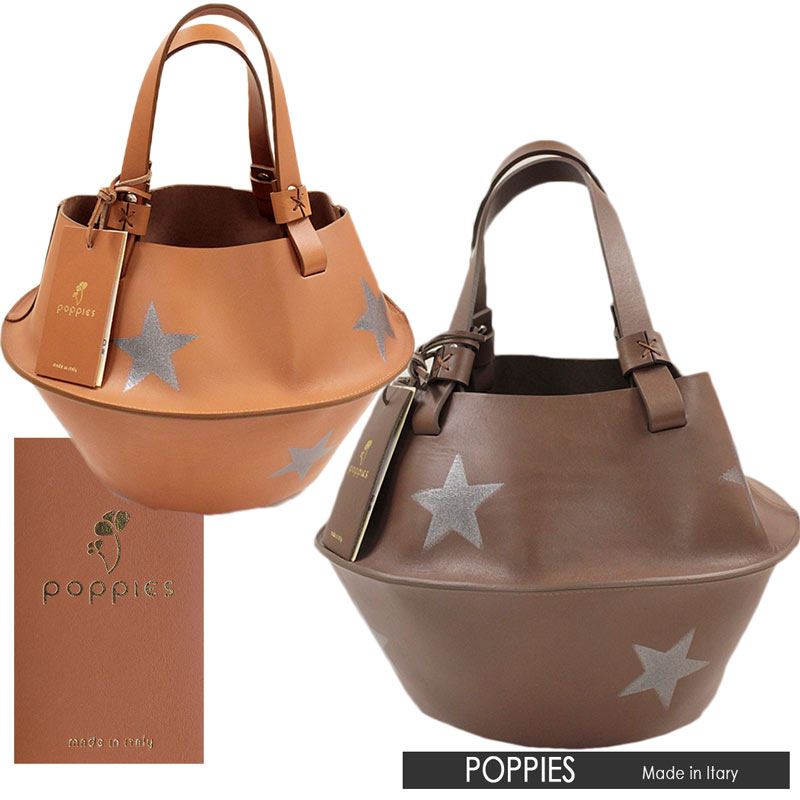 【送料無料】 POPPIES バッグ ハンドバッグ トートバッグ BAG レザー ハンドメイド 星 スター キャメル/ブラウン(茶) イタリア製 MADE IN ITALY (poppies-6590202z) 【smtb-k】【kb】