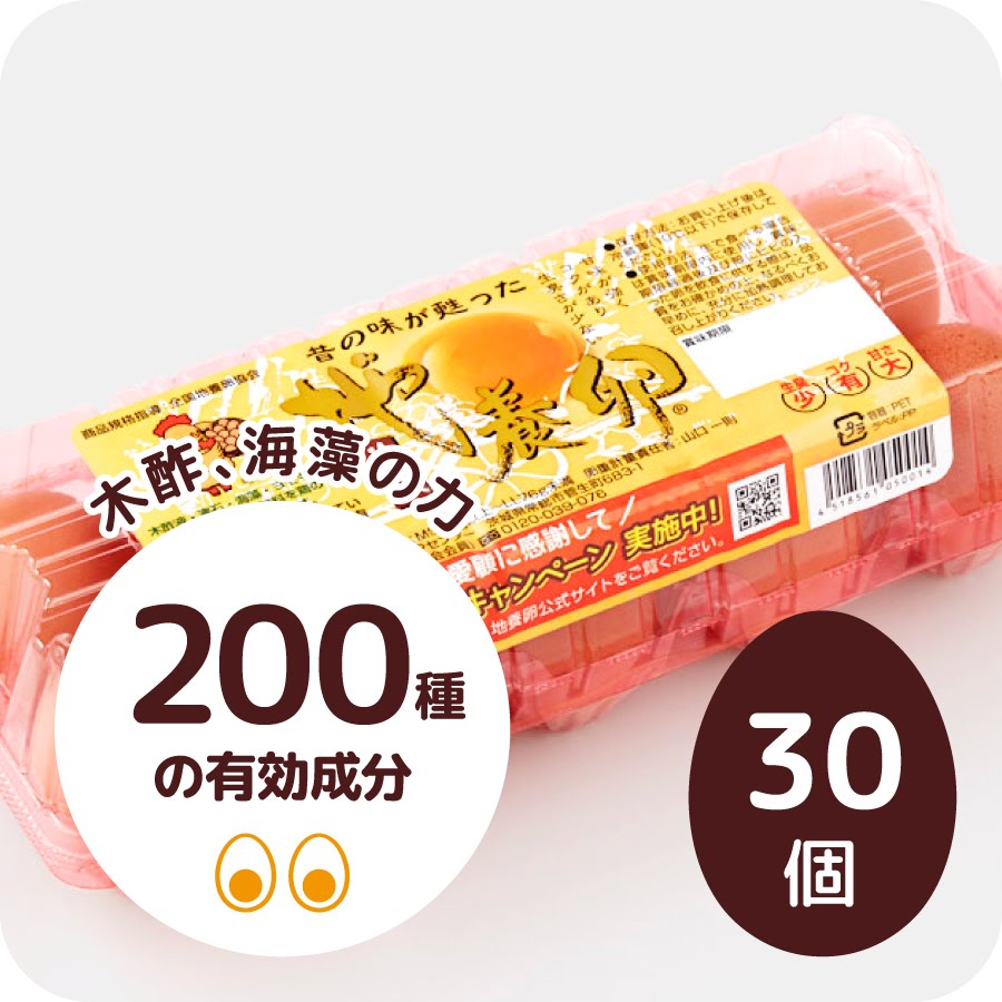 地養卵の最大の良さは卵臭さが少ないことです。これは餌に含まれる消臭効果のあ木酢液が独特な匂いを軽減しているためです。また商品名にもなっている地養素も餌に含んでおり、その地養素に含まれているヨモギや海藻の旨み成分が甘みとコクが生まれています。生のまま卵かけごはんなどでお召し上がりください。 【外寸法】 巾255mm×奥行き110mm×高さ70mm 【製品重量】 3PAC（約1,920g） 【名称】 鶏卵 【内容量】 3PAC（赤玉10個/PAC） 【産地】 国産(茨城県産) 【選別包装者】 松崎勝巳、大武十三司 【賞味期限】 製造日から14日間 【保存方法】 冷蔵庫10℃以下で保存してください。 【使用方法】 生食の場合は賞味期限内に使用し、賞味期限経過後は充分に加熱してお召し上がりください。 【配送業者】 ヤマト運輸(冷蔵便) 【注意事項】 夏場は鶏が水を多く摂取するため、卵の水分が比較的多くなります。品質には問題ございませんのでご安心してお召し上がりください。 ＜商品の特徴（よく言われること）＞ 食べ物 食品 人気商品 濃い　安全　安心　新鮮　鮮度 旨み　旨味　栄養　栄養豊富　健康 伝統 こだわり 拘り　美味しい　おいしい　 産みたて　採れたて　弾力　環境に配慮　愛情たっぷり　良品質　黄身が濃い　鮮やかな黄身　 業務用　家庭用　ギフト用　贈答用　プレゼント用　贈り物 生卵　茨城産　関東産　まとめ買い　箱売り お取り寄せ ＜こんなお客様にご利用いただいいております＞ 女性 男性 母 父 娘　息子　祖母　祖父 料理好き 料理上手 料理研究家 料理人　主婦　主夫　シェフ　 子供　親子 ＜こんな用途で活用する人が多いです＞ ケーキ　ホットケーキ　マヨネーズ　　 御歳暮 お歳暮 ギフト 特別なギフト 高級ギフト 手土産 御土産 出産内祝い 内祝い　御祝 御礼 贈り物　粗品 結婚内祝い　新築内祝い　季節のご挨拶 プレゼント お返し 贈り物 誕生日プレゼント　快気内祝い 快気祝い　 お祝い お礼 お中元 趣味 おもたせ ホームパーティー 母の日　父の日　敬老の日　敬老祝い　お誕生日お祝い バースデイ　お中元　お歳暮　お年賀　記念品　賞品　景品 二次会　ゴルフコンペ　ノベルティ お見舞い　ご挨拶　引越ご挨拶 ＜こんな時にもご利用可能＞ お菓子作り　ケーキ作り　丼もの　牛丼 すきやき すき焼き 鍋 サラダ　茶碗蒸し おでん　シーザーサラダ 卵焼き　玉子焼き　オムレツ　オムライス　スクランブルエッグ お弁当　朝ごはん　朝ご飯　 キャンプ　ダイエット　煮玉子　煮卵　 パスタ　カルボナーラ　トッピング　卵かけごはん　卵かけご飯　TKG スパゲッティ　クリームパスタ　 ＜その他商品に関連するもの＞ 茨城　関東　筑波山 SNS 話題 東京最高のレストラン ＜含まれているもの＞ アスタキサンチン　ビタミンE　DHA　マリーゴールド