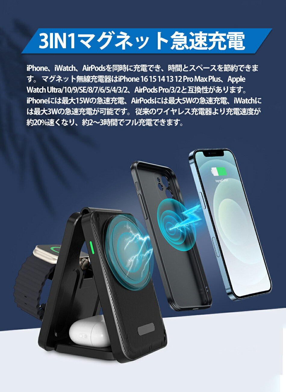【2024最新型】3in1 Magsafe充電器 ワイヤレス充電器 折り畳み式 マグネット式充電 急速充電器 アップルウォッチ 充電器 スタンド 携帯充電器 置くだけ充電 iPhone 16/15/14/13/12 seris/Airpods 2/3/pro/Apple Watchに対応 コンパクト 小型 軽量 ワイヤレス充電器