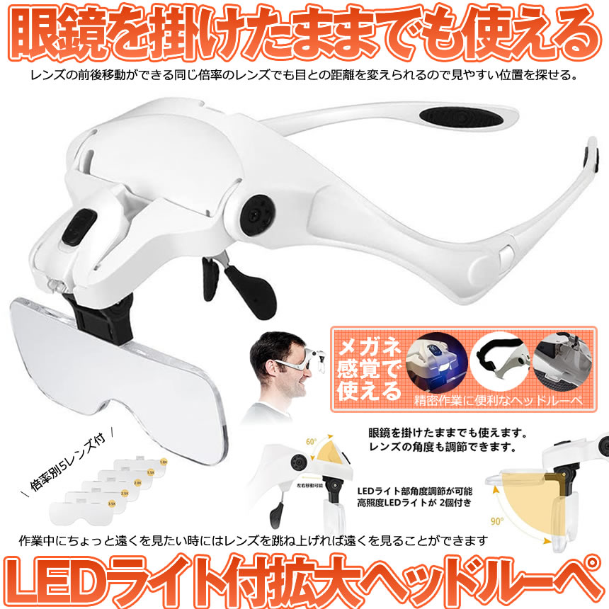 拡大鏡 ルーペ LED ライト付き ヘッドルーペ メガネ めがね 作業用ルーペ 虫眼鏡 メガネルーペ 老眼 眼鏡の上から装着 ゴムバンド 倍率別5レンズ DIY 作業 手芸 読書 精密作業用ルーペ 精密作業 便利 送料無料 kurano-value-10003531 KURANO バリュー店 サンプル画像2