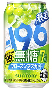 限定商品取寄商品常温便配送品箱入り包装OK(詳細は ▼)メッセージカードOK(詳細は ▼)ボトルラッピング不可大人気の－196無糖、魅力的な限定商品、続々と登場してます！！期間限定新発売－196(イチキューロク)無糖 フローズンマスカットサントリー独自の“－196℃製法”による果実浸漬酒に加え、果汁を使用しました。果実のみずみずしい味わいを、無糖ならではのすっきりとした後味でお楽しみいただけます。愛されて20年、進化を続ける「－196（イチキューロク）」「－196℃（マイナスヒャクキュウジュウロクド）」ブランドは、2005年の発売以来、市場やお客様の嗜好の変化にあわせて新しい価値を提供し、お客様の日常に寄り添い続ける缶チューハイとしてご支持いただいているロングセラーブランドです。発売20年目をむかえた2024年には、ブランド名・中味・パッケージをリニューアルし、新たに「－196（イチキューロク）」ブランドとして生まれ変わりました。サントリー独自の“－196℃製法”を使用したみずみずしい果実感が特長で、なかでも「－196無糖」シリーズは、果実本来の味わいとすっきりとした後味をお楽しみいただける無糖チューハイとしてご好評をいただいています。■製造者：サントリー(株)■品目：スピリッツ（発泡性）■原材料名：ぶどう、ウオツカ（国内製造）／炭酸、酸味料、香料■アルコール度数：7%■カロリー：43kcal(100mlあたり)■果汁：2%■単品容量：350ml■JAN：4901777449008