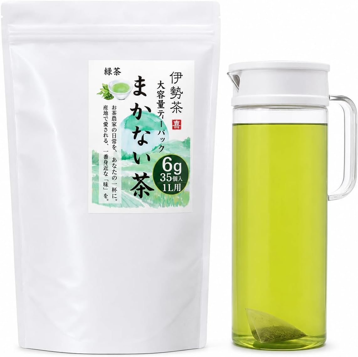 1包でたっぷり1リットルの緑茶が作れる大容量ティーバッグ。 マイボトルやピッチャー（冷水筒）での作り置きに最適です。 コクと甘みが特徴の三重県産「伊勢茶」を使用。 茶葉を細かく刻んだ職人仕立てにより、水出しでも短時間でしっかりとしたお茶の味と色が抽出できます。 暑い季節は冷たい水出し緑茶として、 寒い季節は急須やポットで温かいお湯出しとして、 一年中おいしくお召し上がりいただけます。 開封後も香りと鮮度をしっかり保つ保存に便利なチャック付きスタンド袋でお届けします。 お茶どころ三重県より、茶農家・製茶工場から新鮮なお茶をお届けいたします。