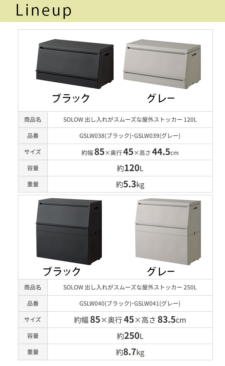 ストッカー 屋外 [SOLOW 出し入れがスムーズな屋外ストッカー 120L 250L] 日本製 組立品 樹脂製 大きな開口部 軽量フタ 大容量 紫外線による劣化を防ぐ耐侯材配合 GSLW038 GSLW039 GSLW040 GSLW041 グレー ブラック 南京錠用穴付き [リス] 【ポイント2倍】【e暮らしR】