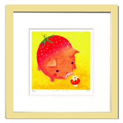 「いちごぶた」RYO（りょう）ジグレー版画（可愛らしい動物達をモチーフ）RYO版画作品［絵画通販]パステル・可愛い・かわいい・いちご・ぶた・イチゴ・癒し・絵画・絵・贈り物・ギフト・プレゼント【絵のある暮らし】【壁掛けフックつき】