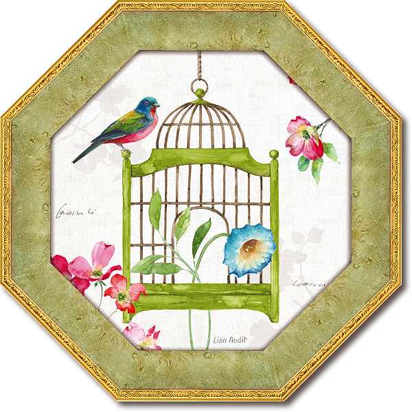 「ドッグウッドガーデン5」リサオーディット【通信販売】(花・緑・グリーン・鳥・鳥かご・ミニゲル　アートポスター［絵画通販］）絵　絵画　アート【壁掛けフック付き】【絵のある暮らし】