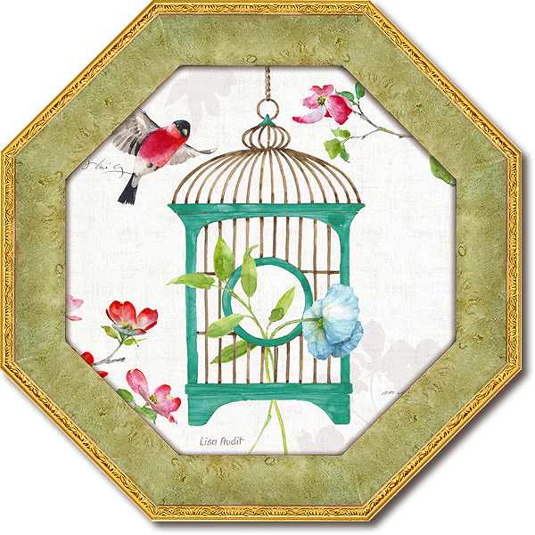 「ドッグウッドガーデン7」リサオーディット【通信販売】(花・緑・グリーン・鳥・鳥かご・ミニゲル　アートポスター［絵画通販］）絵　絵画　アート【壁掛けフック付き】【絵のある暮らし】