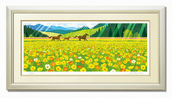 楽天絵のある暮らし【絵画販売専門店】楽天ランキング1位受賞作品「光輝く花畑」藤谷壮仁郎（Soujirou）ジークレー版画作品（WAシリーズ・和TASTE）（絵画通販）アイボリー色フレーム（花畑・馬・コスモス畑・ヒーリングアート・花風水・縁起画）【絵のある暮らし】【藤谷壮仁郎2022新作】【壁掛けフック付き】