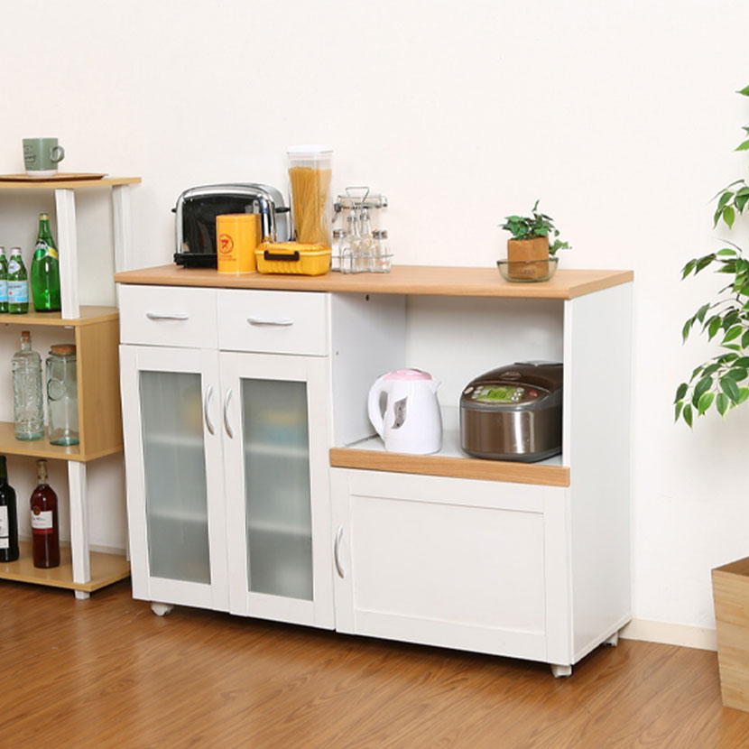 【15日限定!2000円OFFクーポン 】幅120cm 食器棚 サージュ 2口コンセント スライド棚 ガラス扉 引出し..