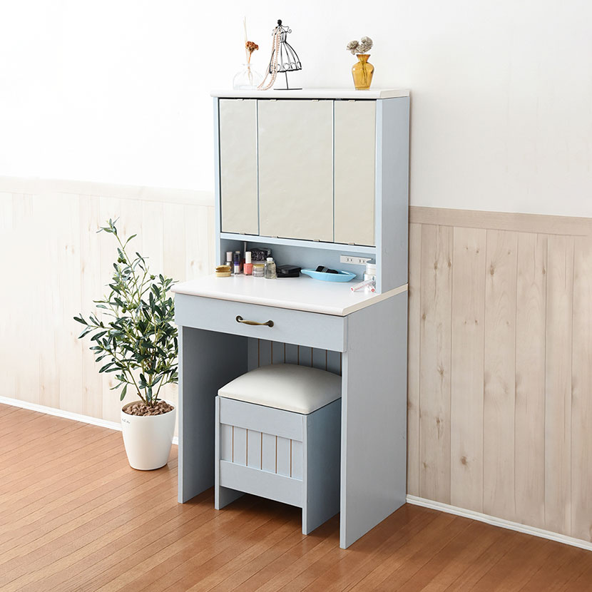 幅60.5cm フレンチカントリー 三面鏡 ドレッサー コンセント付き 隠し収納庫付き 椅子付き メイク ドレッサー 収納 メイク台 鏡台 3面鏡 化粧台 姫