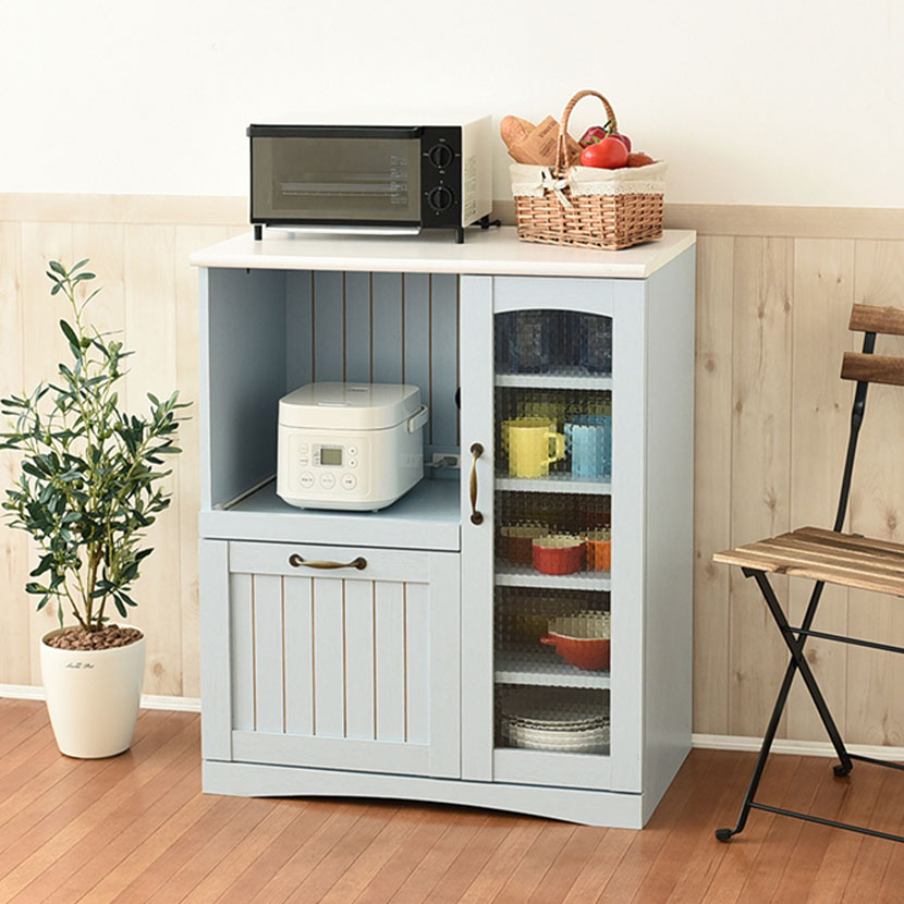 幅75.5cm 木製 キッチンカウンター ガラス扉 スライド棚付き コンセント付き コンパクト 食器棚 キッチ..