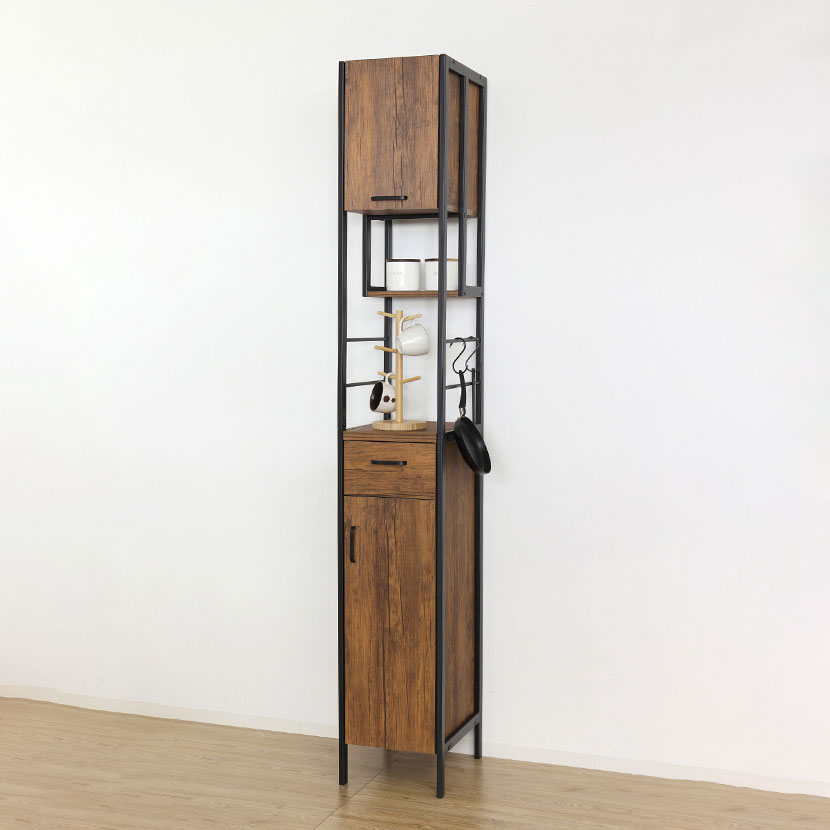 幅30cm 木目調 食器棚 アイアンウッド 引き出し 開き扉 収納 キッチンボード キッチンラック スリム 隙間 キッチン収納 おしゃれ ヴィンテージ風 ブラウン ナチュラル