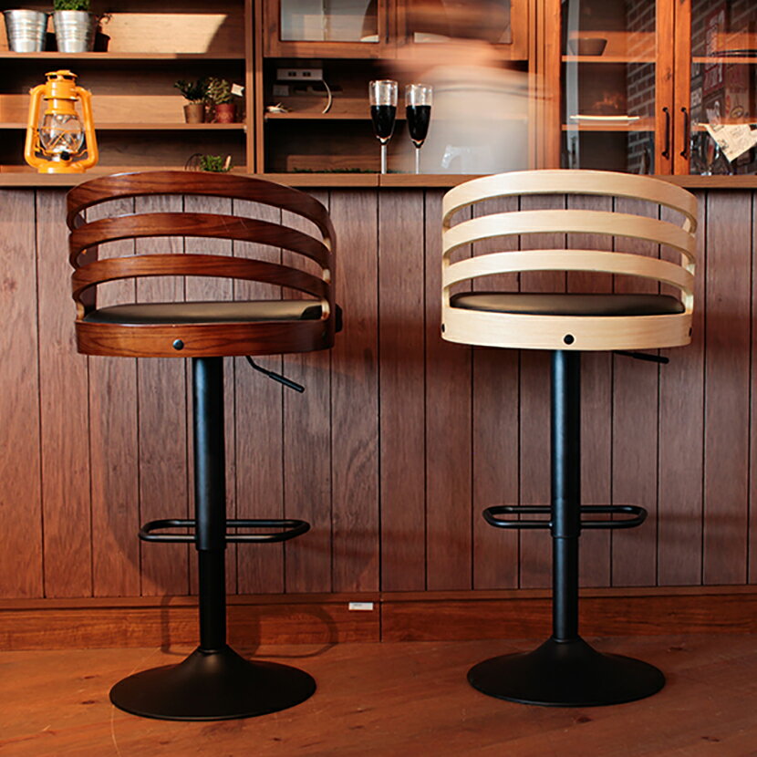 スリット バーチェア 曲木 背もたれ付 昇降式 360度回転 カウンターチェア ハイチェア