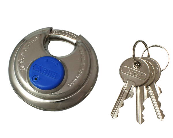 ●円盤形南京錠の定番シリーズ。●幅60×奥行26×高さ60mm●サビにくいステンレス鋼製本体・シャックル●材質：ステンレス●キー3本
