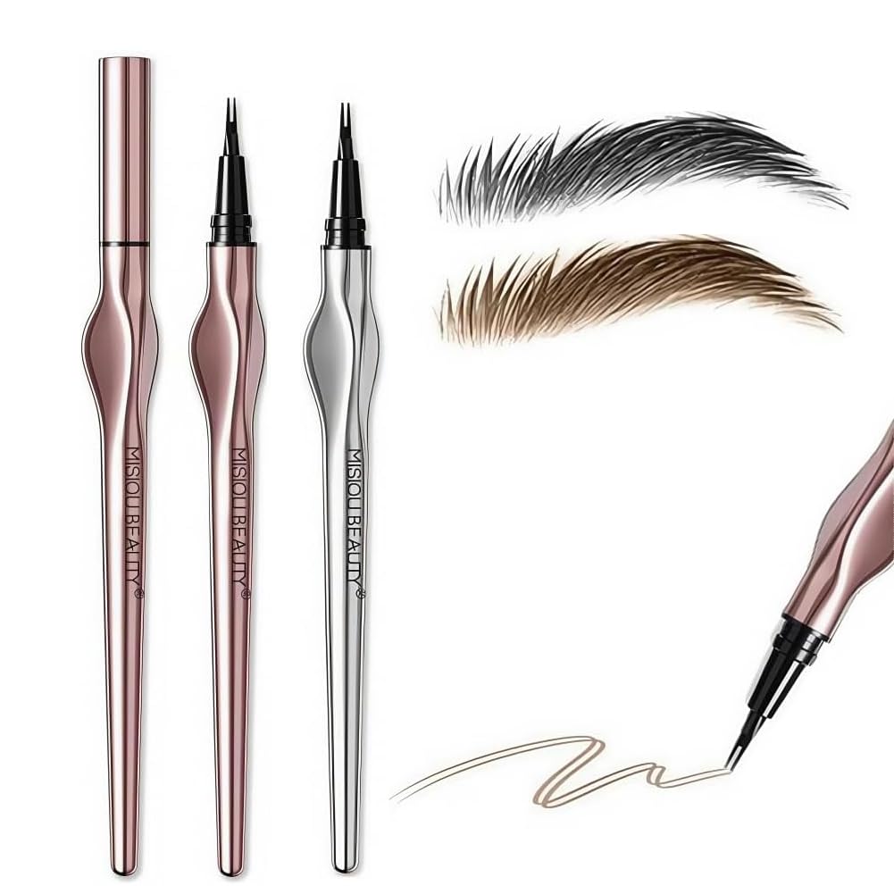 新感覚アイブロウ超極細液体アイブロウペンシル、極細二本爪アイブロウペンシル、自然な発色、ウォータープルーフで長持ち、にじまず、色褪せない、初心者の必需品- 01#ブラウン+02#ブラック