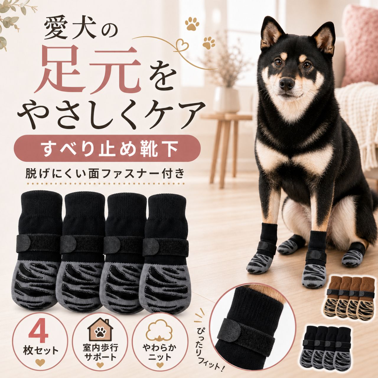 Socks - 犬 靴下 滑り止め 脱げない 犬用ソックス ベルクロ 固定 老犬 フローリング 肉球保護 室内 お出かけ 散歩 介護 滑り防止 小型犬 中型犬 大型犬 足裏保護 ノンスリップ グリップ 舐め防止 ホットアスファルト 床保護 洗える ストラップ付き ずれない ニット 犬用靴下