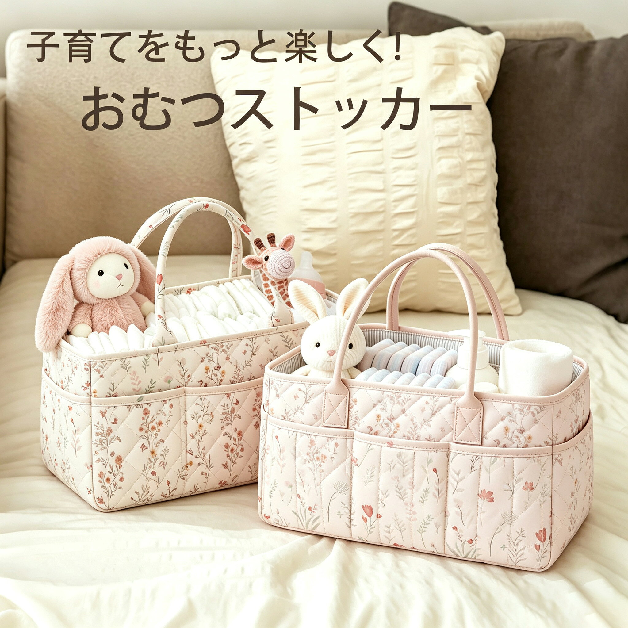 【当日発送】【新発売18%OFF】おむつストッカー ベビー収納バッグ 大容量 仕切り付き 撥水 折りたたみ 持ち運び便利 おしゃれ ベビー用品収納 リビング収納 おもちゃ収納 出産祝い ギフト