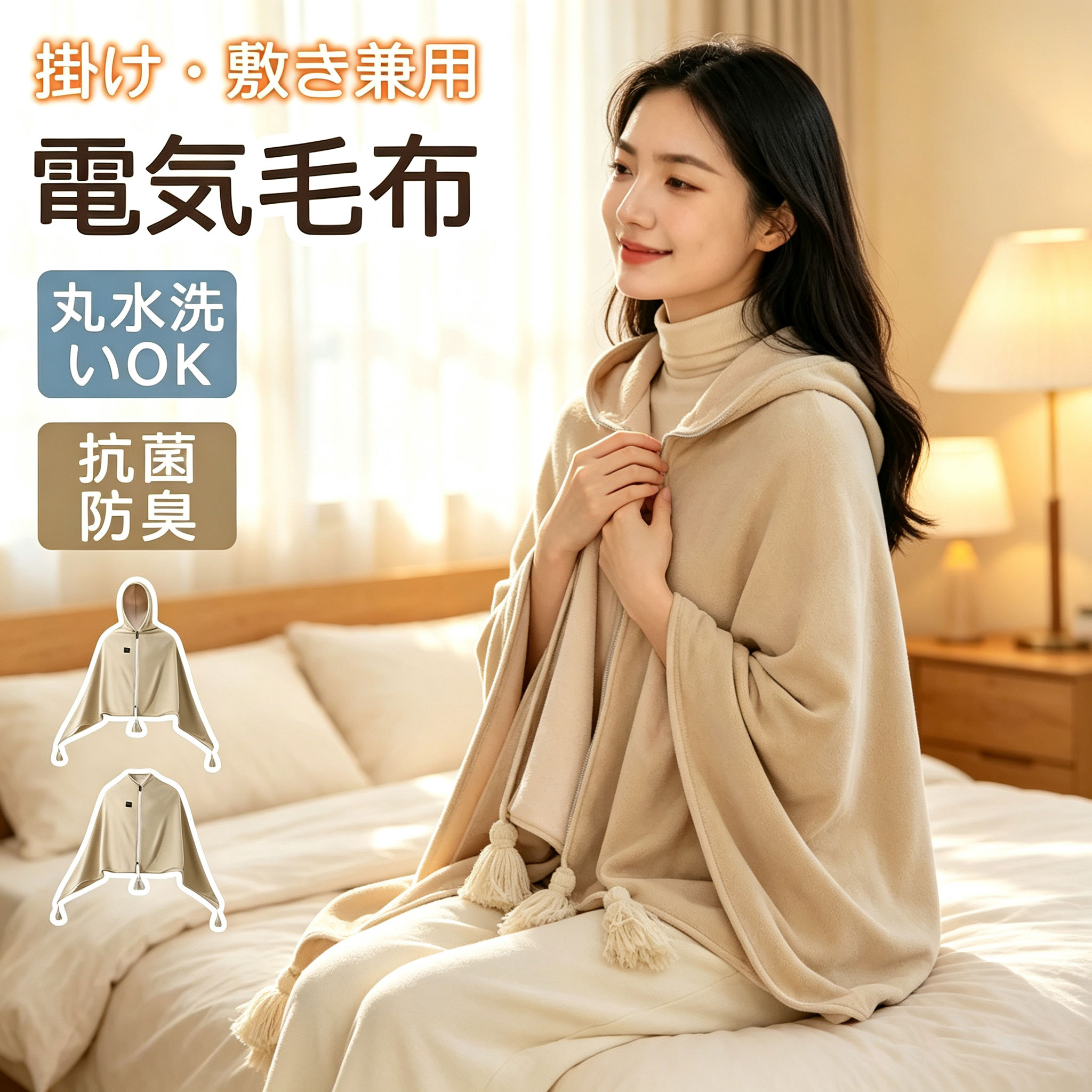 ■規格 【商品名】：電気毛布 USB給電タイプ 【素材】：ポリエステル+ポリウレタン 【寸法】：約66×120/86×120cm 【特徴】：掛け 敷きタイプ 【カラー】：アイボリー 【温度段数】：3段階 【温度範囲】：約35℃～55℃ ■商品説明 ★ジッパー式で2WAY使い：簡単なジッパーでショールとして装着可能！ 肩に掛けば防寒ショールに、広げれば腰や脚のための敷きパッドに。1台で2通りの使い方ができ、外出先や自宅で重宝します。 ★簡単3段階温度調節：ボタンひとつで温度を切り替え可能！1段階（35°C）でほんのり温かく、2段階（45°C）でしっかり温め、3段階（55°C）でぽかぽか持続。お好みに合わせて調整できます。 ★3分の急速加熱：電源を入れてわずか3分で温かく！忙しい朝や急な寒さにもすぐに対応。軽量で柔らかい素材なので、身に着けても負担になりません。 ★スマート恒温機能：設定温度を自動でキープ。過熱を防ぎ、ずっと快適な温かさを持続します。 ★通気性の良い内裏：内側は裏起毛素材で、温かくてムレにくい設計。暖かさを保ちながら、蒸れを軽減します。 ★USB給電で持ち運び楽々：USBケーブルで接続可能。モバイルバッテリーと組み合わせれば、外出先やアウトドアでも便利に使用できます（※モバイルバッテリーは付属しません）。 ★丸洗い可能：全体が洗濯機で洗えるので、清潔を保てて衛生的。手入れが簡単で長く愛用できます。 【おすすめの使い方】 ・リビングでくつろぐ際の敷きパッドとして。 ・オフィスでのデスクワーク中にジッパーでショールとして着用。 ・アウトドアや旅行時にモバイルバッテリーと組み合わせて使用。 ・洗濯時は、付属の説明書に従い、優しい洗濯モードでお手入れください。 【こんな方にぴったり】 ・冷え性で寝つきが悪い方。 ・抵抗力が弱く、寒さが気になる方。 ・お子様の就寝時や遊び時間の防寒に。 ・ご年配の方の健康管理や暖房補助に。 ■使用上の注意 ■お客様がご利用のモニターの設定及び特性により、実際の商品とは色味が異なる場合がございます。 ■弊社の商品は一年の保証期間がございます、ご使用中万が一何か不具合と不明な点がございましたら、遠慮なく弊社にご連絡ください。 ■関連キーワード 電気毛布 掛け敷き タイマー付き 電気ひざ掛け 電磁波カット シングル 掛け ひざ掛け 電気ブランケット 敷き 敷きパッド ダブル フランネル 電気敷毛布 掛け敷タイプ 敷く 掛ける 毛布 電気敷き毛布 電気ひざ掛け毛布 ダニ退治 温度調節 省エネ 丸洗い 冬物寝具 快眠 あったか あったか家電 室温センサー
