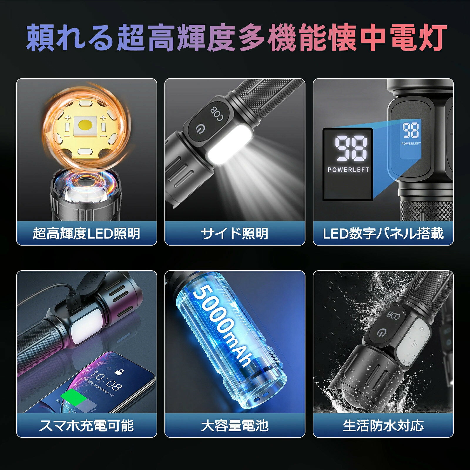 【当日発送】【期間限定18%OFF】懐中電灯 電池式・USB充電式 明るい LEDライト 超高輝度 led 強力 小型 最強 残量表示 ハンディライト フラッシュライト 携帯ライト 防災 防犯 ワークライト 耐衝撃 停電 地震 登山 作業用 避難 防災グッズ 夜間 防水 kurashianshin-10000218 暮らしの安心堂 サンプル画像2