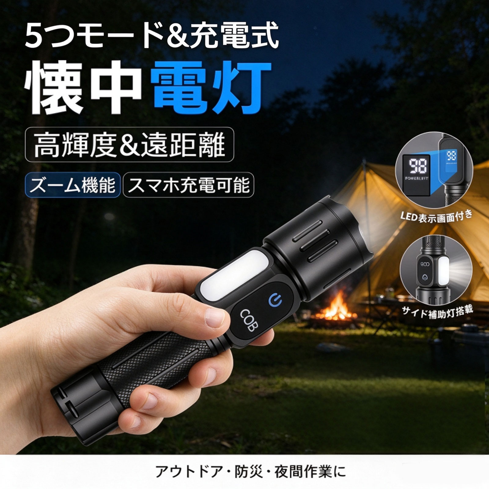 【当日発送】【期間限定18%OFF】懐中電灯 電池式・USB充電式 明るい LEDライト 超高輝度 led 強力 小型 最強 残量表示 ハンディライト フラッシュライト 携帯ライト 防災 防犯 ワークライト 耐衝撃 停電 地震 登山 作業用 避難 防災グッズ 夜間 防水 kurashianshin-10000218 暮らしの安心堂 パッケージ画像