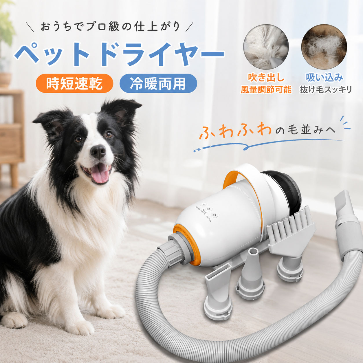 ■規格 【商品名】：ペットドライヤー 【サイズ】：54*36*23cm 【カラー】：ホワイト 【重量】：3.6kg 【素材】：プラスチック 【消費電力】：3200W 【定格電圧】：100V 【定格周波数】：50/60Hz 【最大風量】：75m/s ■使用説明 ★業界最速クラスの乾燥効率！ 最大風速75m/s（通常製品比+65%アップ）で、大型犬でも約25-40分で完全乾燥。 温度は35～60℃に調整できます。長毛種の絡み毛も根元からスピード乾燥 ★スマート温冷コントロール！ 7段階温度調節（35～60℃） + 冷風モード搭載。季節やペットの体調に合わせて調整可能。 過熱防止センサー内蔵：高温になると自動で電源が切れるので、安全度MAX！ ★プロ級付属品＆機能！ 4種類のノズル（細口ノズル、幅広ノズル、丸形ノズル、くし型ノズル）で被毛の質別に最適な乾燥・スタイリングを実現。 マイナスイオン機能：静電気を抑制し、ツヤと保湿力をキープ ★伸縮可能ホース！ 犬を乾かすの際はホースを柔軟に動かせるのが便利です。本製品のホースは最大230cmまで伸長可能 ★防塵デザイン！ ブロワー後部のねじを緩めて、内部のホコリやゴミを掃除可能です。 厚みのあるフィルターは、雑物の侵入を防ぎ、機体の故障を減らします。 ★家庭＆サロン兼用設計！ ペットショップ、ペット美容店、家庭用ペットシャワーの乾燥に適しています。毛を素早く乾かすこと、スタイリングことができます。 ■注意事項 ■お客様がご利用のモニターの設定及び特性により、実際の商品とは色味が異なる場合がございます。 ■弊社の商品は一年の保証期間がございます、ご使用中万が一何か不具合と不明な点がございましたら、遠慮なく弊社にご連絡ください。 ■関連キーワード ペットドライヤー ペット乾燥機 強力 犬 猫 小型犬用 多機能 急速乾燥 速乾 温度調整 風量調整 送風 吸い込み ペット乾燥 お風呂後 通気 軽量 ドライヤー 屋内 屋外 ペット用品 お風呂後速乾 ペット用ドライヤー 家庭用 大風量 調節可能 乾燥機 ペットドライヤー ペット 小型犬 大型犬 猫 丈夫 ペット用品▼本製品におすすめの販売はこちら▼ ▲ペットバリカン ▲ペットバリカン5in1 ▲ペットブラシ