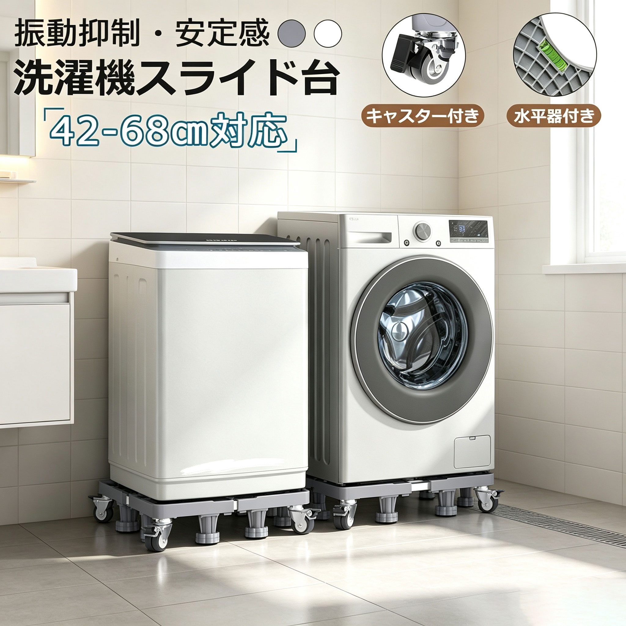 ■規格 【商品名】：洗濯機置き台 キャスター付き 【カラー】：ホワイト/グレー 【耐荷重】：500kg 【材　質】： フレーム・パイプ：ステンレス ジャッキ：ABS樹脂 キャスター：PP樹脂・ウレタンゴム 【使用用途】：洗濯機 置き台、振動音抑制、スペース確保、漏水事故防止、排水溝詰まり防止 ■商品紹介 ●大型ジャッキ8本、キャスター4本が付き、伸縮可能、高さ調整、移動可能な洗濯機置き台。 ●高品質なステンレス鋼とABS樹脂を採用して、優れた安定性を保ち、腐食に耐えます。 ●360度移動できる，耐荷重を500kgまで実現します。 ●洗濯機や冷蔵庫との接触を有効に防止できし、排水と清掃問題を簡単に解決します。 ●商品到着後60秒で組み立て完成！他社にない便利！サイズは自由に調節できて、ドラム式や全自動洗濯機などに対応しています。 スチールパイプの構造： この洋服ラックは、ヴィンテージの金属パイプから作られ、クールな工業用の外観を備えています。洋服を掛けて、ふわふわのカフェやバーのようなおしゃれな空間を作ることができます。 丈夫で耐久性： 黒くて丈夫な素朴な鉄でできており、非常に耐久性があり長持ちします。このレトロなパイプハンガーは、かなりの量の衣服を保持でき、衣服やアクセサリーを常に整理して整理しておくことができます。 便利な衣類の保管： 折り目からしわを取り除くために余分な時間をかけずに、衣類をぶら下げてコートします。普段着や季節の装いを整理して飾るのに最適なラック。 多目的： 衣料品小売店、布のブティック、家、作業室、またはダンスルーム用の吊り下げスペースを追加します。廊下、玄関、寝室、クローゼット、洗濯室、バルコニーに最適。 様々なシーンで活用： おしゃれな雰囲気の北欧風デザインで、子供部屋、ランドリー、リビング、キッチンや玄関などに置きても違和感ありません。お部屋をおしゃれに変身されます。 ■注意事項 ■お客様がご利用のモニターの設定及び特性により、実際の商品とは色味が異なる場合がございます。 ■弊社の商品は一年の保証期間がございます、ご使用中万が一何か不具合と不明な点がございましたら、遠慮なく弊社にご連絡ください。 ■関連キーワード 洗濯機置き台 キャスター極 洗濯機　置き台　キャスター付き 伸縮式 洗濯機スライド台 耐荷重500kg 洗濯機台 置き台 置台 台 洗濯 洗濯機キャスター 伸縮式 防振 ズレ防止 洗濯機パン 洗濯機 キャスター かさ上げ台 嵩上げ台 底上げ スライド台 ドラム式 縦式 対応 防音 ストッパー付き 振動防止 ホワイト 騒音防止 送料無料 キャスター付 据え置き かさ上げ 嵩上げ ゴム 高さ調整 掃除 移動 便利 組み立て ラクラク 洗濯機スライド台 防振パッド 洗濯機置き ドラム 台車 冷蔵庫台 冷蔵庫 サイズ調整可能 白