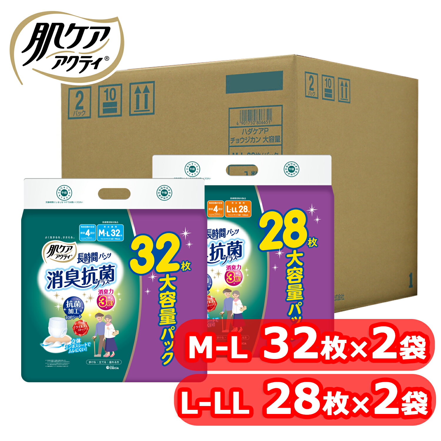 【2個】【ロゴなしケース】大人用紙おむつ 長時間パンツ 吸収 消臭抗菌プラス M-L 32枚 L-LL 28枚 送料無料 大人用紙…