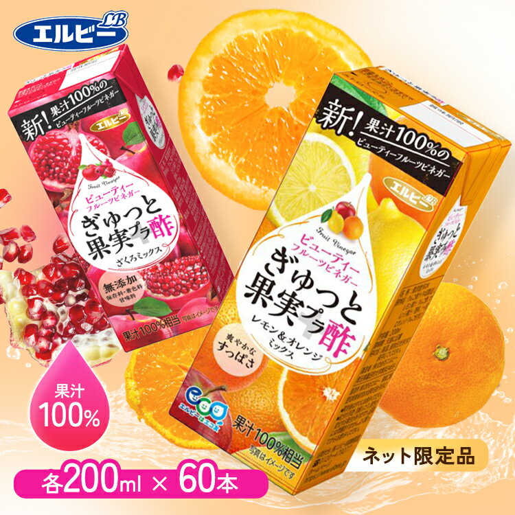 【60本】 飲むお酢 ぎゅっと果実+酢 紙パックぎゅっと果実＋酢 200ml 送料無料 無添加 ザクロ 果実酢 酢 果汁100％ リンゴ酢 果実 無添加 少容量 エルビー ざくろミックス 白ぶどう ピーチミックス レモン＆オレンジMIX【D】 【代引不可】