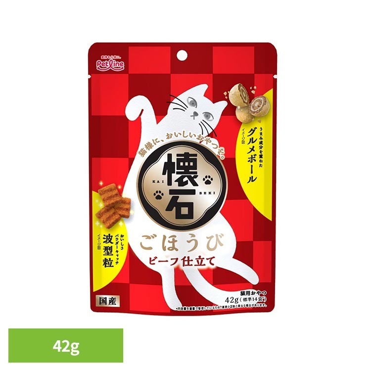 うまみ広がるビーフ仕立て。猫様の大好きな風味に仕上げました。※リニューアルに伴い、パッケージ・内容等予告なく変更する場合がございます。予めご了承ください。●内容量42g●原材料穀類（とうもろこし、小麦粉、コーングルテンミール、玄米）、肉類（ミートミール、チキンミール、チキンレバーパウダー、ビーフパウダー、チキンエキスパウダー）、油脂類（動物性油脂、植物性油脂）、豆類（脱脂大豆）、寒梅粉（でん粉、もち米粉）、糖類（砂糖）、魚介類（フィッシュエキス、まぐろ節粉末、カニエキスパウダー）、セレン酵母、ビタミン類（A、D3、E、K3、B1、B2、パントテン酸、ナイアシン、B6、葉酸、ビオチン、B12、コリン、イノシトール）、ミネラル類（カルシウム、リン、ナトリウム、カリウム、塩素、鉄、コバルト、銅、マンガン、亜鉛、ヨウ素）、アミノ酸類（メチオニン、タウリン）、クチナシ色素、酸化防止剤（ローズマリー抽出物、ミックストコフェロール）、膨張剤●成分［たんぱく質］24.0％以上［脂質］7.5％以上［粗繊維］4.0％以下［灰分］9.0％以下［水分］10.0％以下［リン］0.7％標準値［ナトリウム］0.7％標準値［マグネシウム］0.1％標準値［エネルギー］約350kcal／100g（検索用：キャットフード おやつ 成猫用 おやつ ビーフ仕立て 健康維持 小分けパック ご褒美 4902418004686）最強翌日配送対象商品に関するご案内 最強翌日配送対象商品・対象地域に該当する場合は最強翌日配送マークがご注文カゴ近くに表示されます。 最強翌日配送可能なお支払方法は【クレジットカード、代金引換、全額ポイント支払い】のみとなります。 下記の場合は最強翌日配送対象外となります。 ・15点以上ご購入いただいた場合 ・時間指定がある場合 ・ご注文時備考欄にご記入がある場合 ・決済処理にお時間を頂戴する場合 ・郵便番号や住所に誤りがある場合 ・最強翌日配送対象外の商品とご一緒にご注文いただいた場合 ・お届け先住所文字数が40文字以上の場合【置き配規約について】