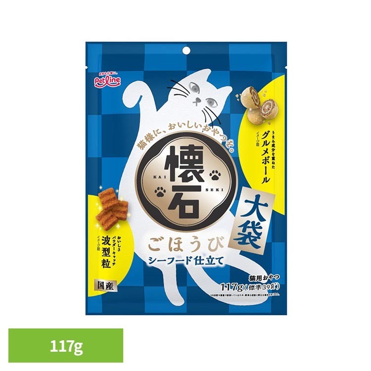 海のおいしさ香るシーフード仕立て。猫様の大好きな風味に仕上げました。※リニューアルに伴い、パッケージ・内容等予告なく変更する場合がございます。予めご了承ください。●内容量117g●原材料穀類（とうもろこし、小麦粉、コーングルテンミール、玄米）、肉類（ミートミール、チキンミール、チキンレバーパウダー、チキンエキスパウダー）、油脂類（動物性油脂、植物性油脂）、豆類（脱脂大豆）、寒梅粉（でん粉、もち米粉）、糖類（砂糖）、魚介類（フィッシュエキス、まぐろ節粉末、カニエキスパウダー）、セレン酵母、ビタミン類（A、D3、E、K3、B1、B2、パントテン酸、ナイアシン、B6、葉酸、ビオチン、B12、コリン、イノシトール）、ミネラル類（カルシウム、リン、ナトリウム、カリウム、塩素、鉄、コバルト、銅、マンガン、亜鉛、ヨウ素）、アミノ酸類（メチオニン、タウリン）、クチナシ色素、酸化防止剤（ローズマリー抽出物、ミックストコフェロール）、膨張剤●成分［たんぱく質］24.0％以上［脂質］7.5％以上［粗繊維］4.0％以下［灰分］9.0％以下［水分］10.0％以下［リン］0.7％標準値［ナトリウム］0.7％標準値［マグネシウム］0.1％標準値［エネルギー］約350kcal／100g（検索用：キャットフード おやつ 成猫用 おやつ シーフード仕立て 健康維持 小分けパック ご褒美 4902418004730）最強翌日配送対象商品に関するご案内 最強翌日配送対象商品・対象地域に該当する場合は最強翌日配送マークがご注文カゴ近くに表示されます。 最強翌日配送可能なお支払方法は【クレジットカード、代金引換、全額ポイント支払い】のみとなります。 下記の場合は最強翌日配送対象外となります。 ・15点以上ご購入いただいた場合 ・時間指定がある場合 ・ご注文時備考欄にご記入がある場合 ・決済処理にお時間を頂戴する場合 ・郵便番号や住所に誤りがある場合 ・最強翌日配送対象外の商品とご一緒にご注文いただいた場合 ・お届け先住所文字数が40文字以上の場合【置き配規約について】
