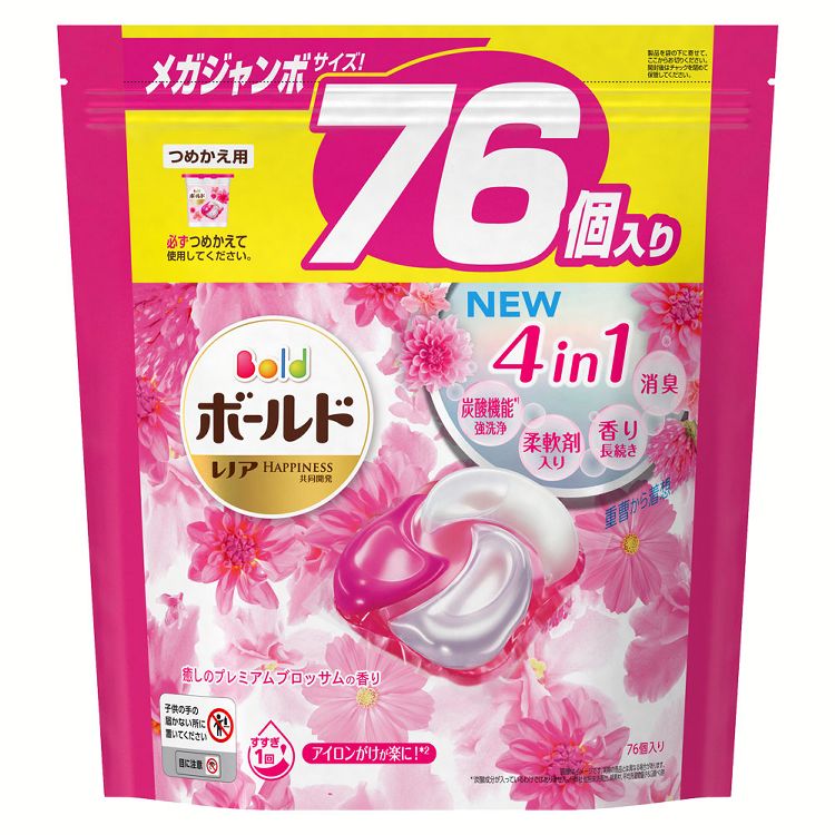 【あす楽】ボールドジェルボール4D癒しのプレミアムブロッサムの香り つめかえメガジャンボサイズ 76個 ボールド ジェルボール プレミアム ブロッサムの香り 詰め替え用 柔軟剤 消臭 レノア 【D】のサムネイル