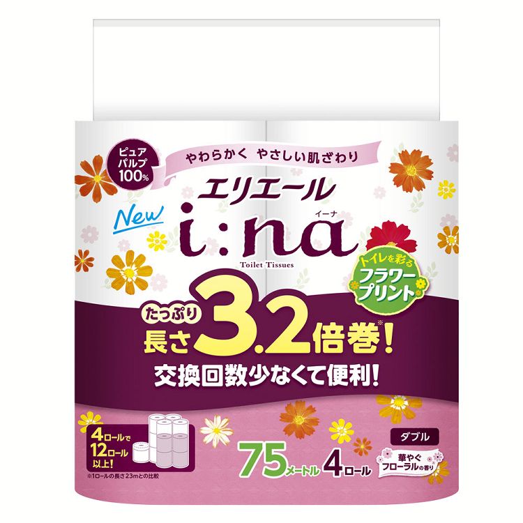 エリエール トイレットティシュー 3.2倍巻 プリント75mダブル4ロール 142777 大王製紙 トイレ イーナ トイレットペーパー ダブル 長巻 4ロール パルプ i:na エリエール 【D】