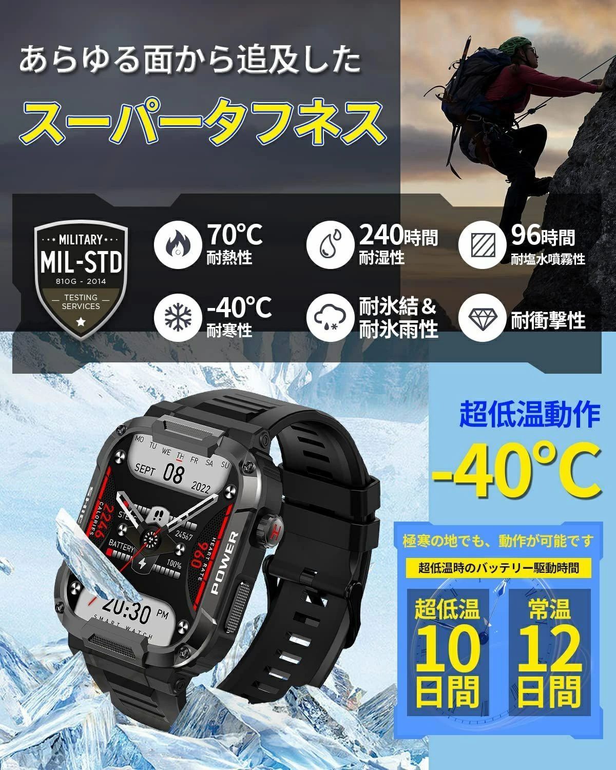 軍用規格 スマートウォッチ センサー1.85インチ 心拍数 24時間健康管理 Bluetooth通話機能付き android対応 iPhone対応メッセージ通知 Smart Watch活動量計 歩数計 腕時計 ウォッチ翌日メンズ簡単操作多機能 Line カメラ遠隔操作 父の日誕生日ギフト