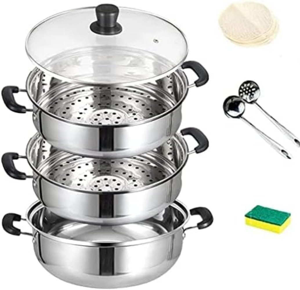 多機能 蒸し鍋 蒸し器 二段 三段 「3層底」蒸しもの鍋対応熱源:IH対応 各種熱源対応、ガラス鍋蓋付 ステンレス シ蒸器 満菜 深型 兼用鍋 調理器具 (3段, 30cm) (2段,26cm)
