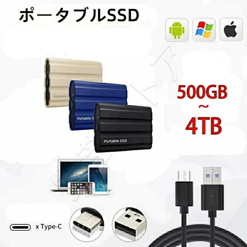 SALE！【1年保証】【2026新登場】ポータブルSSD 外付けSSD 外付けハードディスク 500GB 1TB 2TB 4TB 超薄型ポータブル ハードディスク 静音 コンパクト 小型